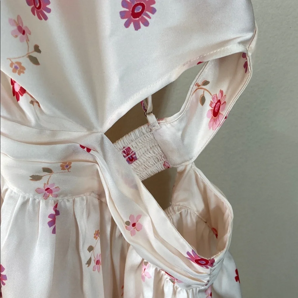 Free People Oasis Placed Floral Mini Slip Dress Cutout Satin Pink White L New - Picture 5 of 11